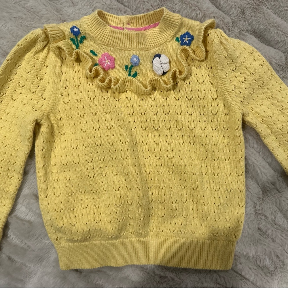 Mini Boden Yellow Knit Sweater with Floral Embroidery